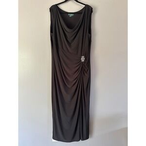 Lauren Ralph Lauren Evening Maxi Dress‎ | Ruched Sides | Brooch | Black 24W
